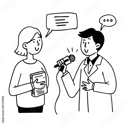 A male journalist with a microphone is interviewing a female writer with a book in his hand. Cartoon caricature vector illustration in doodle style