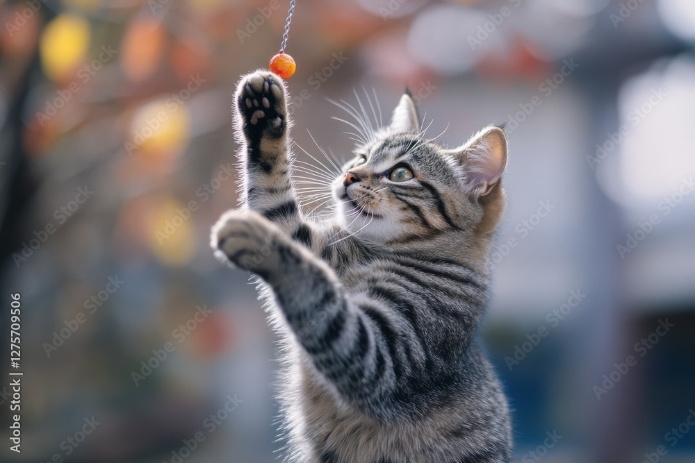Naklejka premium A playful tabby cat leaps towards a string, paws outstretched in joyful pursuit, framed by autumn leaves and a soft-focus background.