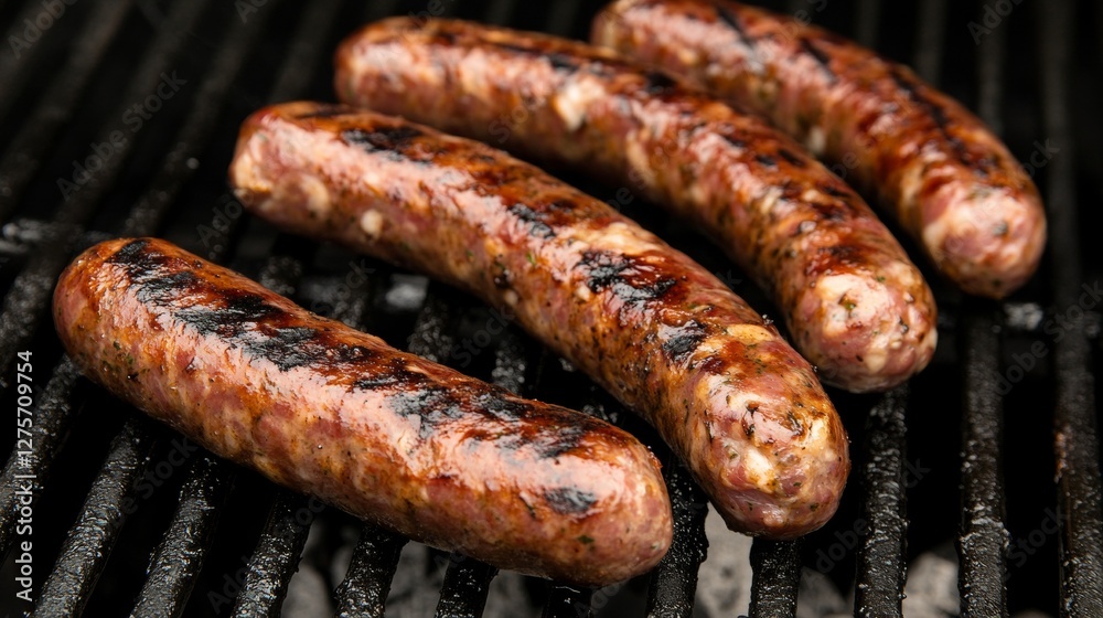Close-Up of Juicy Merguez Sausages Sizzling on a Hot Barbecue Grill, BBQ Food Photography Close-Up of Juicy Merguez Sausages Sizzling on a Hot Barbecue Grill, BBQ Food Photography