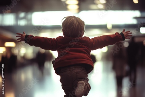 A child exuberantly leaps forward, arms wide open, against a soft-focus background of a busy terminal. photo