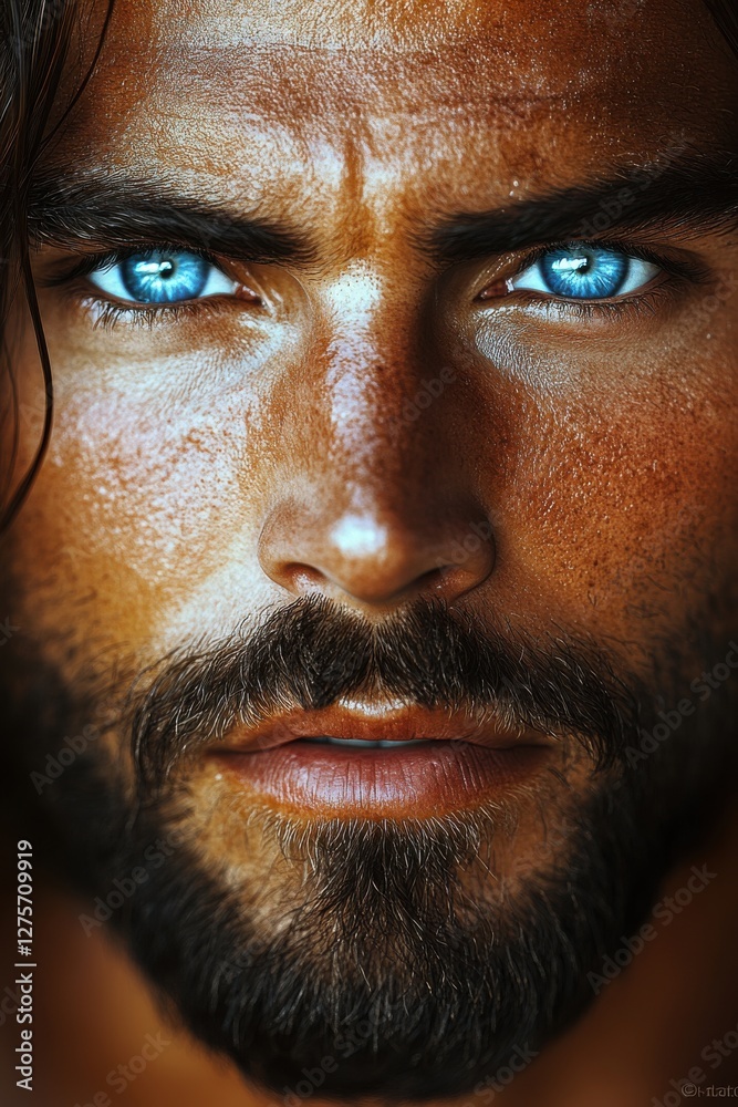 Striking close-up of a man with piercing blue eyes and a rugged beard in natural light Striking close-up of a man with piercing blue eyes and a rugged beard in natural light