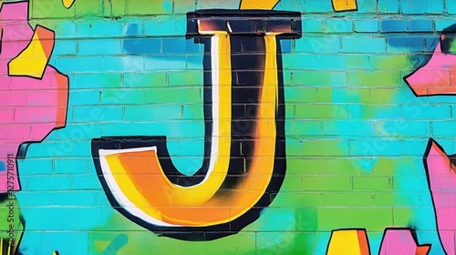Colorful mural featuring a large letter J painted on a brick wall in an urban area during daylight