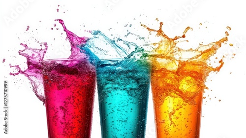 Three colorful drinks splashing in glasses, showcasing vibrant liquid motion and bubbles