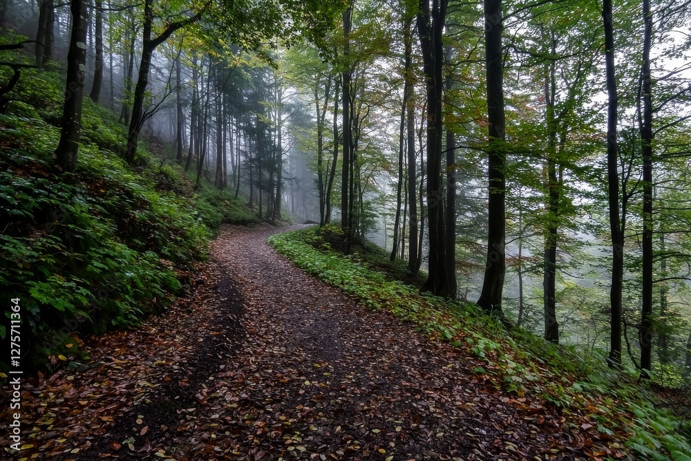Naklejka premium Misty autumn mornings often feature mysterious forest roads shrouded in typical October fog, with yellow wet fallen leaves covering the ground, illustrating the idea of eco tourism and active outdoor