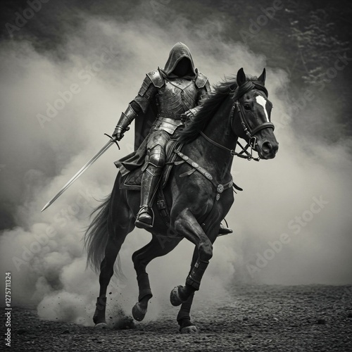 Mysterious knight riding through fog