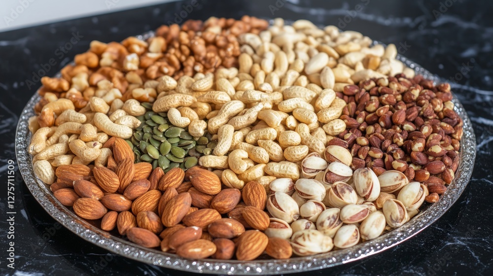 Fototapeta premium Assorted Nuts and Seeds Arrangement on Decorative Plate
