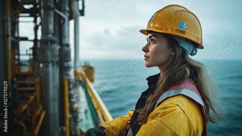 Woman in Hard Hat at Offshore Oil Platform with Sea Background