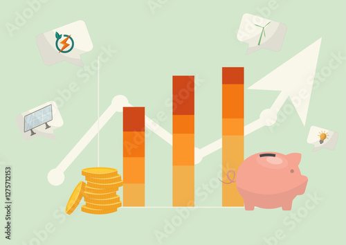 Renewable Energy Investment Growth and Savings Chart. Financial illustration showing increasing energy savings with renewable energy icons.investment growth and sustainable energy. Vector illustration