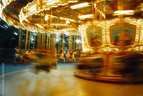 A carousel spins in blur and light, capturing the nostalgic joy and carefree spirit of a fairground ride in a swirl of colors and motion.