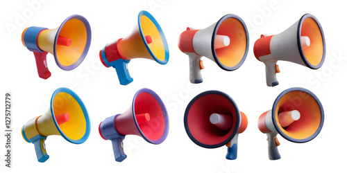 Colorful Megaphones in Various Angles and Arrangements for Promotion, isolated on transparent background