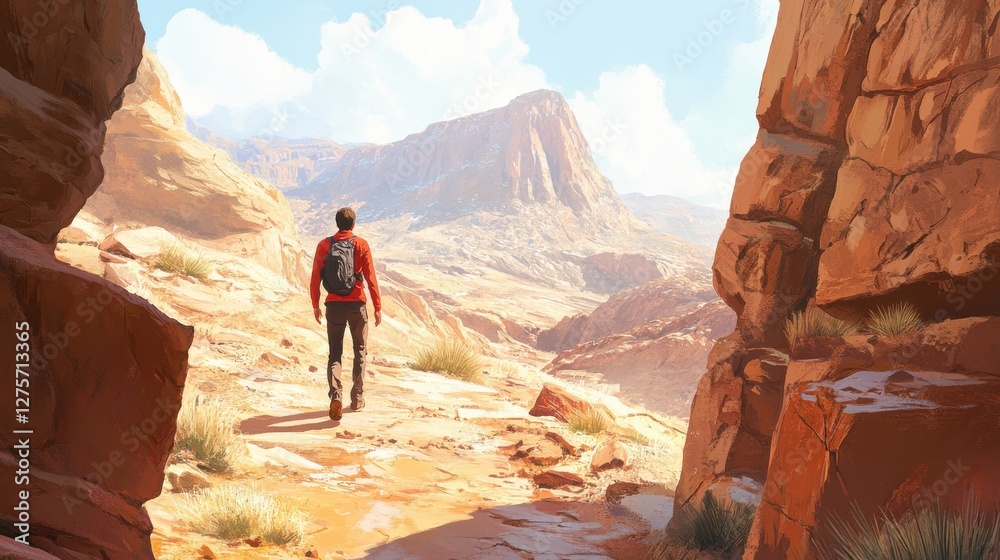 Hiker Exploring Rocky Path in Scenic Desert Landscape Hiker Exploring Rocky Path in Scenic Desert Landscape