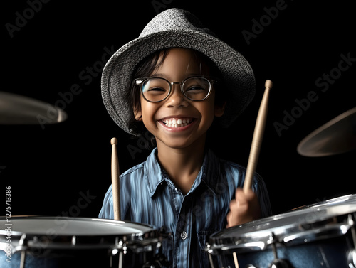 Young boy enjoys playing drums with a big smile. Isolated on black background.