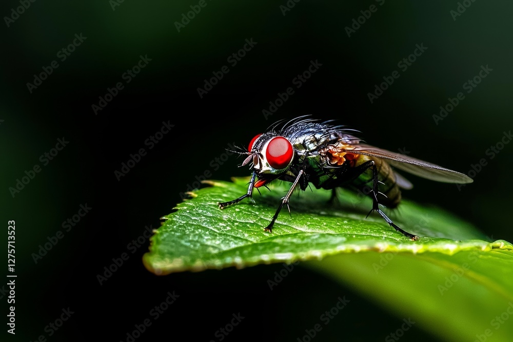 A housefly is photographed on a leaf using macro photography techniques A housefly is photographed on a leaf using macro photography techniques