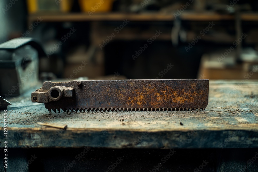 A rusty saw blade lies on a worn workbench, telling tales of past labor and craftsmanship amidst a cluttered workshop setting. A rusty saw blade lies on a worn workbench, telling tales of past labor and craftsmanship amidst a cluttered workshop setting.