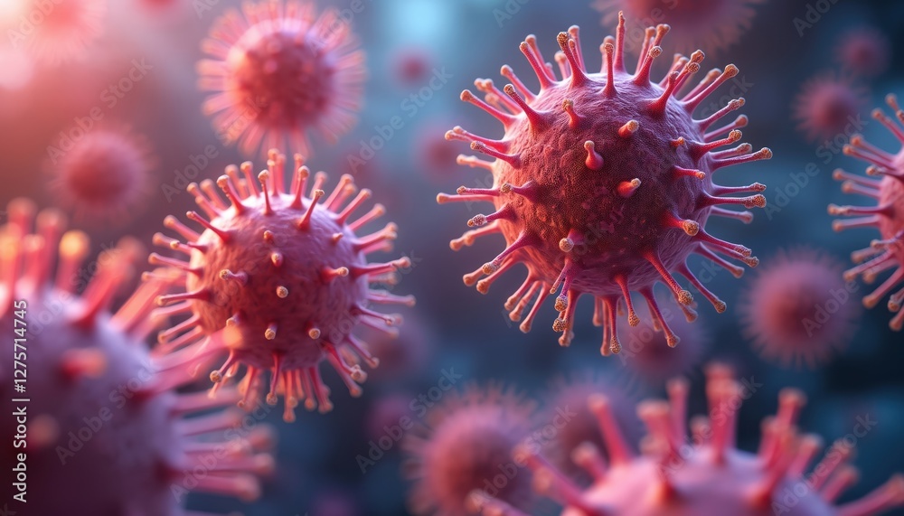 Microscopic realm displays viruses with intricate forms under microscope. Viral morphology with high magnification and cell structure complexity. Infectious agent on cellular level. Microscopic realm displays viruses with intricate forms under microscope. Viral morphology with high magnification and cell structure complexity. Infectious agent on cellular level.