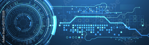 Abstraction on the theme of tech circles. Scientific and technological background. Blue gradient on the background.