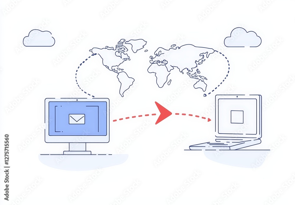 The idea of file transfer is represented by two computers that share and exchange documents through a cutting-edge digital system