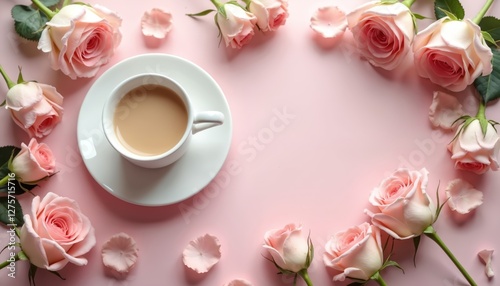 Elegant tea time with roses on pink surface. Valentine day, February 14 concept. Relaxing morning, afternoon tea, coffee break, refreshment. Tranquil tea-party for gentle romance.