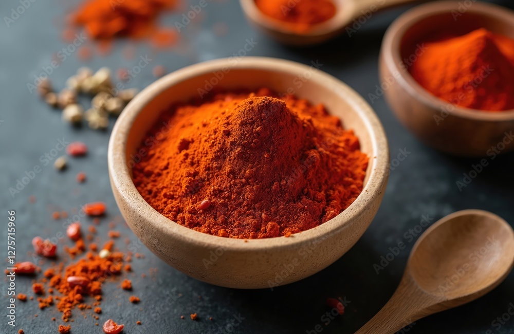 Korean red chili powder in bowl on black. Chili flakes spice, cayenne, paprika ingredient for Asian cuisine receipes, flavouring cooking. Hot seasoning closeup. Natural organic product. Korean red chili powder in bowl on black. Chili flakes spice, cayenne, paprika ingredient for Asian cuisine receipes, flavouring cooking. Hot seasoning closeup. Natural organic product.
