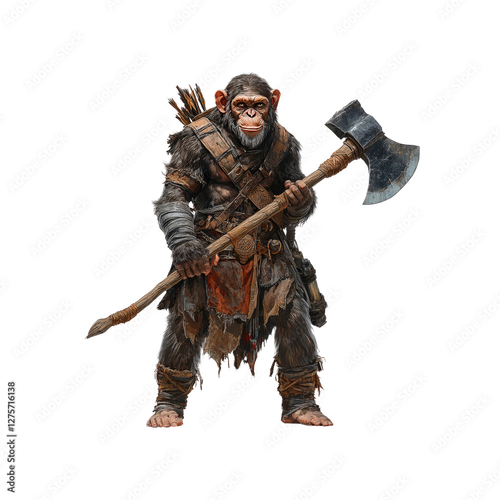 Powerful Chimpanzee Warrior with Axe and Arrows - Fantasy Character Illustration Powerful Chimpanzee Warrior with Axe and Arrows - Fantasy Character Illustration