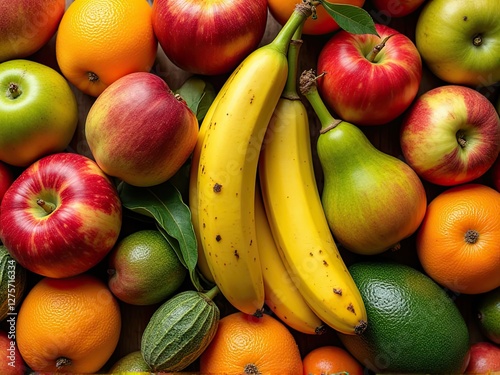 Colorful Assortment of Fresh Fruits on Wooden Surface photo