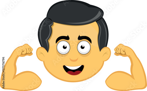 vector illustration yellow emoji character male, showing the biceps of the arms