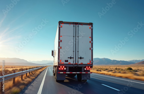 Back view of semi truck traveling down highway towards horizon under clear blue sky. Delivery vehicle in motion on highway. Commercial cargo transport logistics.