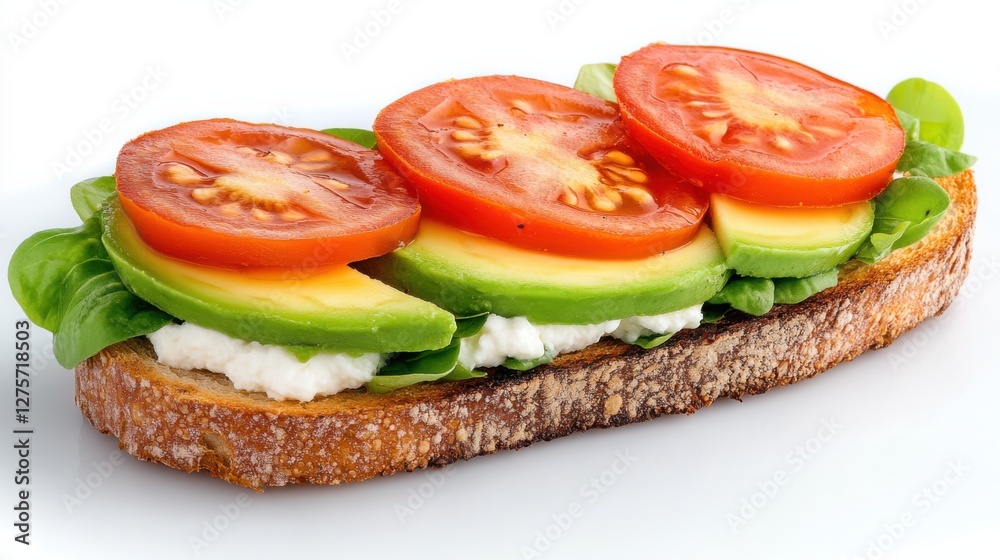 Delicious open-faced sandwich with fresh vegetables and creamy spread on artisan bread Delicious open-faced sandwich with fresh vegetables and creamy spread on artisan bread