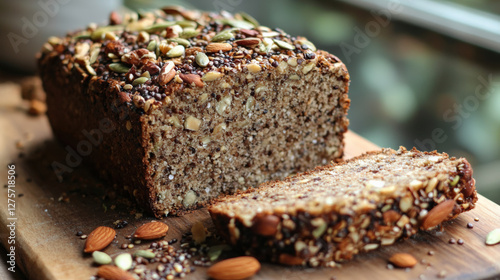loaf of flourless low carb bread topped with multigrains and seeds, showcasing healthy and nutritious option for bread lovers. Perfect for wholesome diet