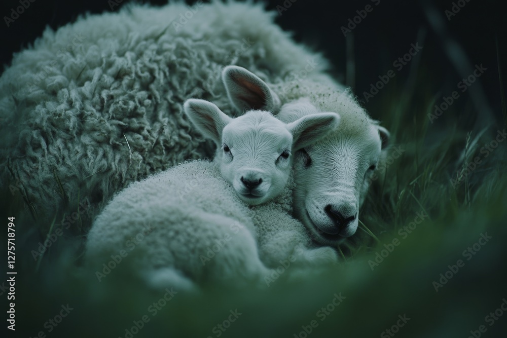 Fototapeta premium A sheep and lamb nestle together in lush grass, embodying warmth and comfort in a serene pastoral setting.