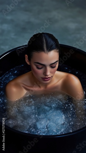 Woman in Ice Bath. Cold Therapy and Stress Relief - Generative AI