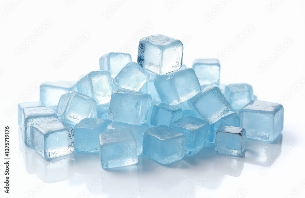 Heap of crushed ice cubes, melting slightly on white background. Glace frozen water, blue, crystal, liquid, transparent material. Cold refreshment. Arctic, winter coolness concept.