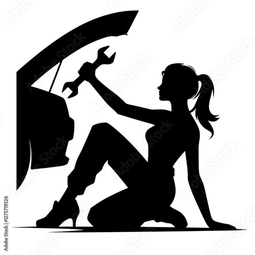 Silhouette of a woman repairing a car with a wrench