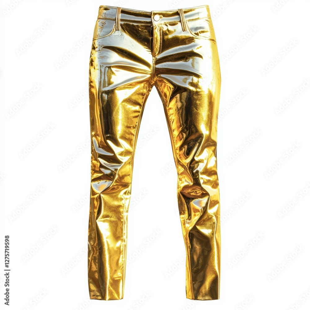 Shiny gold metallic pants with high-waisted fit isolated on white Shiny gold metallic pants with high-waisted fit isolated on white