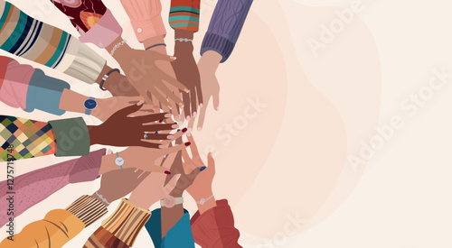 Hands stacked in a circle of group multicultural women. Diversity - inclusion - equality - girl power or empowerment concept. International women s day. Banner copy space