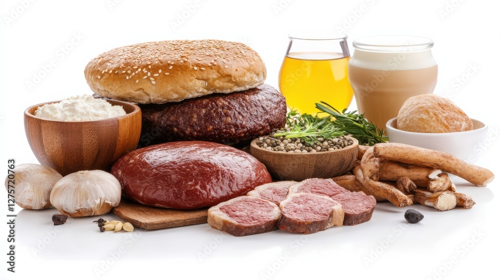 Fototapeta premium Assorted fresh ingredients for a hearty meal, featuring meats, dairy, and herbs on a clean surface