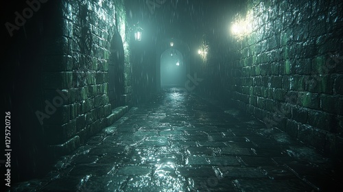 Rainy alleyway, stone walls, night, lights, mystery