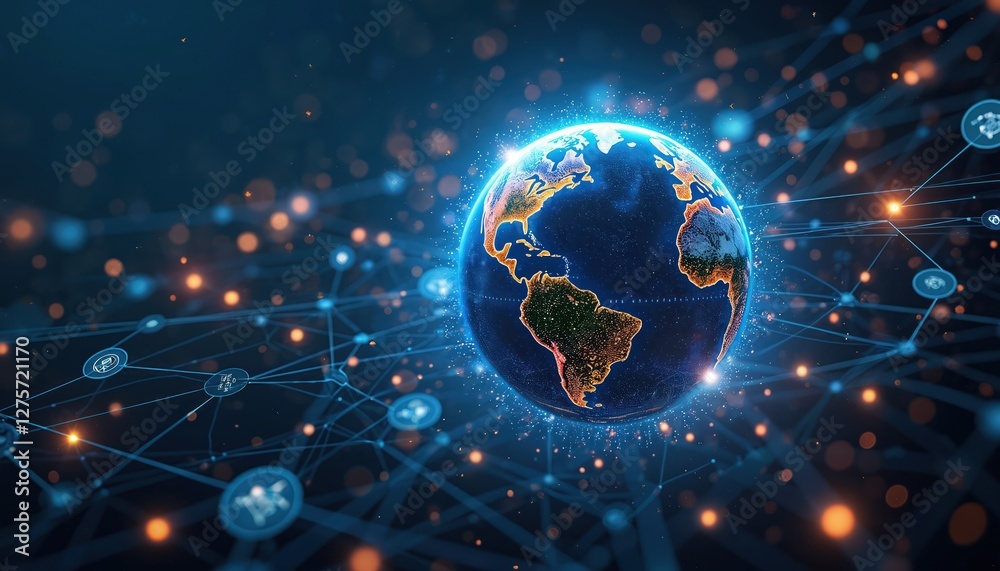 Obraz premium Global communication network concept with Planet Earth in cyberspace. Futuristic design with interconnected nodes. Perfect solution, software, telecom, science, tech, innovation, business, worldwide