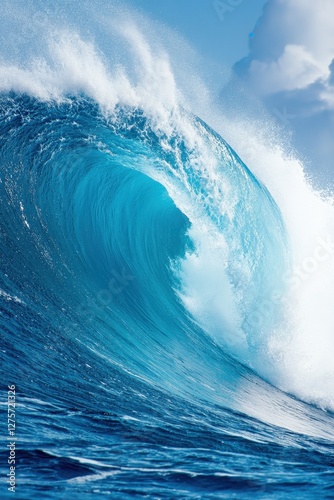 Ocean wave crashing, blue water, sky, power of nature, travel poster