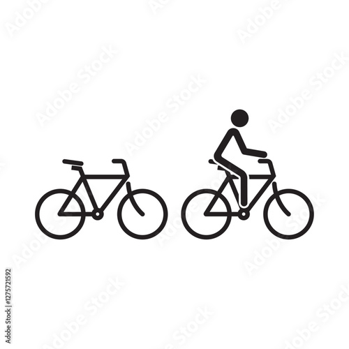 Stickman with cycle to school or work. Bike icon, Stick figure man on bicycle. Flat vector cyclist sign, Sport logo