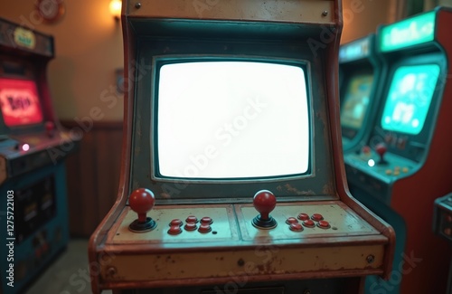 Retro arcade machine with blank screen. Vintage room with gaming cabinet, joystick, buttons. Entertainment tech of old school leisure video game display. Console control fun, nostalgia, eighties photo