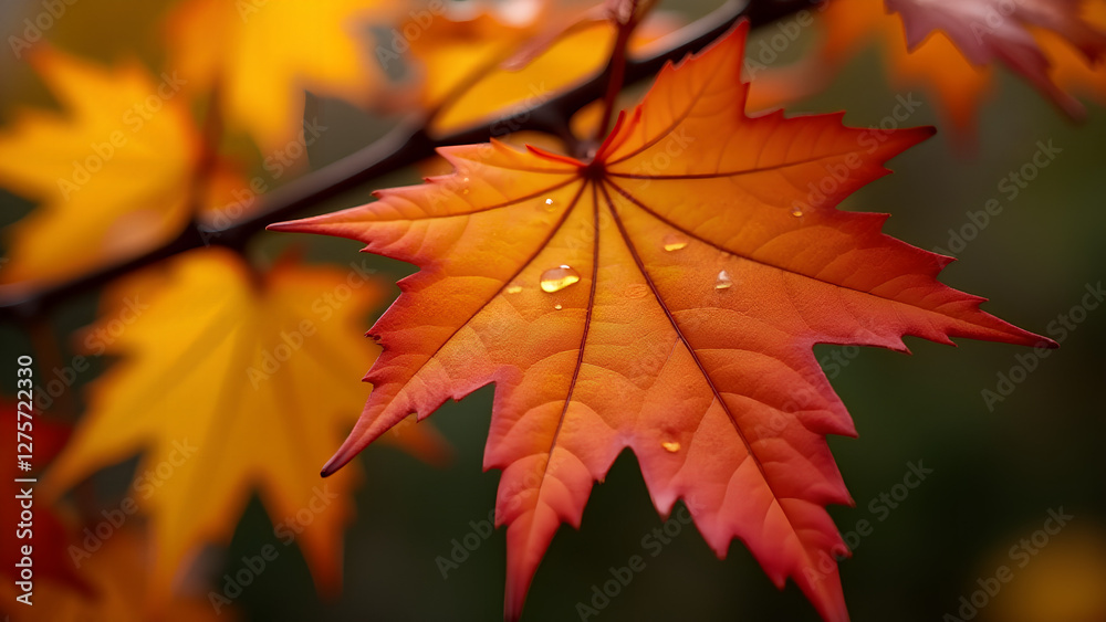 Vibrant Autumn Maple Leaf with Water Droplets Vibrant Autumn Maple Leaf with Water Droplets