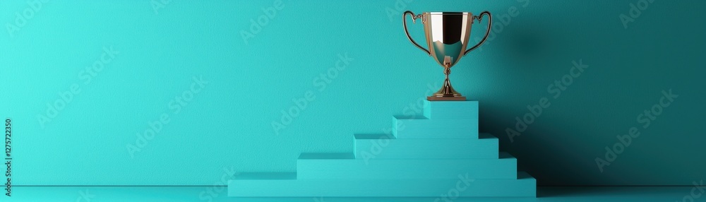 A shiny trophy sits atop a stylized staircase against a turquoise background, symbolizing achievement and success. A shiny trophy sits atop a stylized staircase against a turquoise background, symbolizing achievement and success.