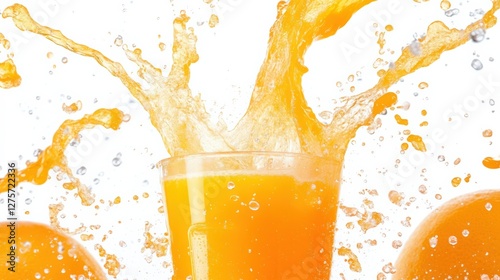 Vibrant splash of orange juice from a glass surrounded by fresh oranges on a white background