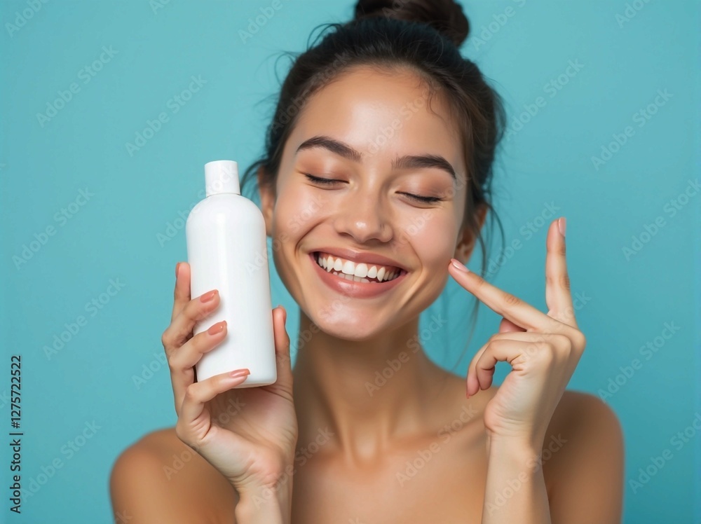 Smiling Young Woman Holding Skincare Bottle Against Light Teal Background – Beauty and Wellness Concept Smiling Young Woman Holding Skincare Bottle Against Light Teal Background – Beauty and Wellness Concept