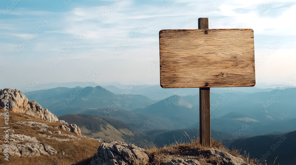 Mock up empty wooden sign, on mountain peak with clear sky. AI generated images. Mock up empty wooden sign, on mountain peak with clear sky. AI generated images.