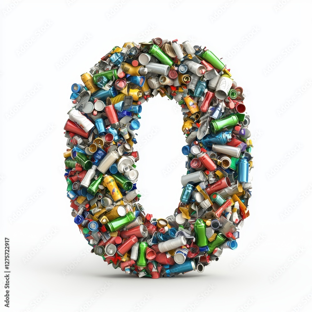 Number 0 made of piled garbage including plastic bottles, aluminum cans, and paper waste isolated on a clean white background Number 0 made of piled garbage including plastic bottles, aluminum cans, and paper waste isolated on a clean white background