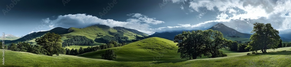 Obraz premium The scenery includes panoramic views of mountains, green hills, and meadows, accompanied by morning light and fog