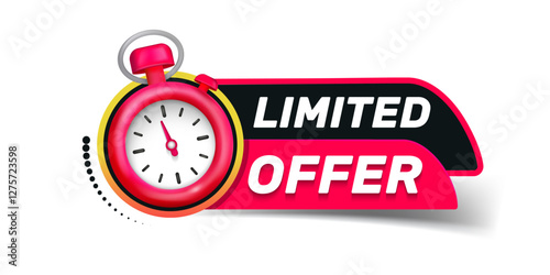 Modern vector ribbon banner limited offer with 3D stopwatch icon, perfect for promotional materials. 