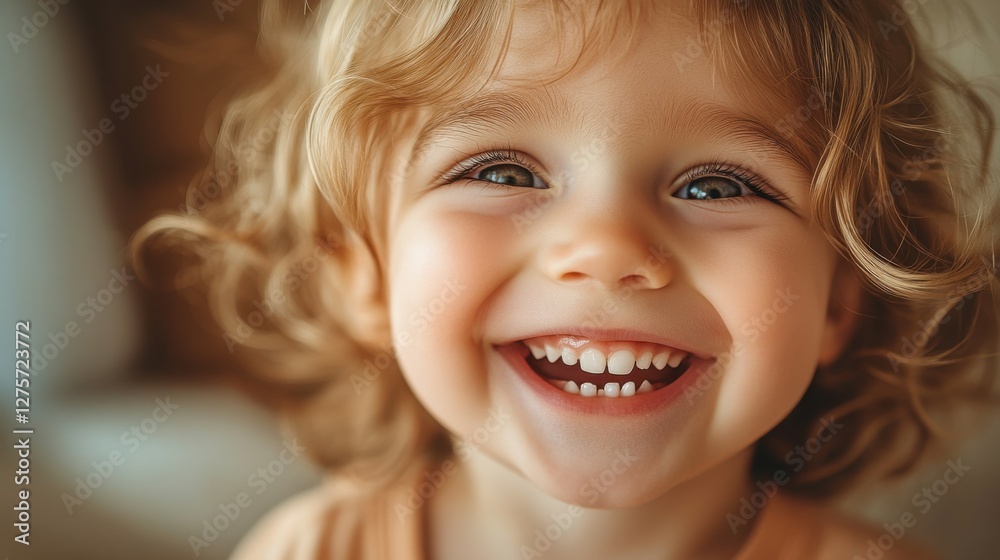 Child with curly hair joyfully smiling, capturing a moment of happiness in a warm and inviting indoor setting during the day Child with curly hair joyfully smiling, capturing a moment of happiness in a warm and inviting indoor setting during the day